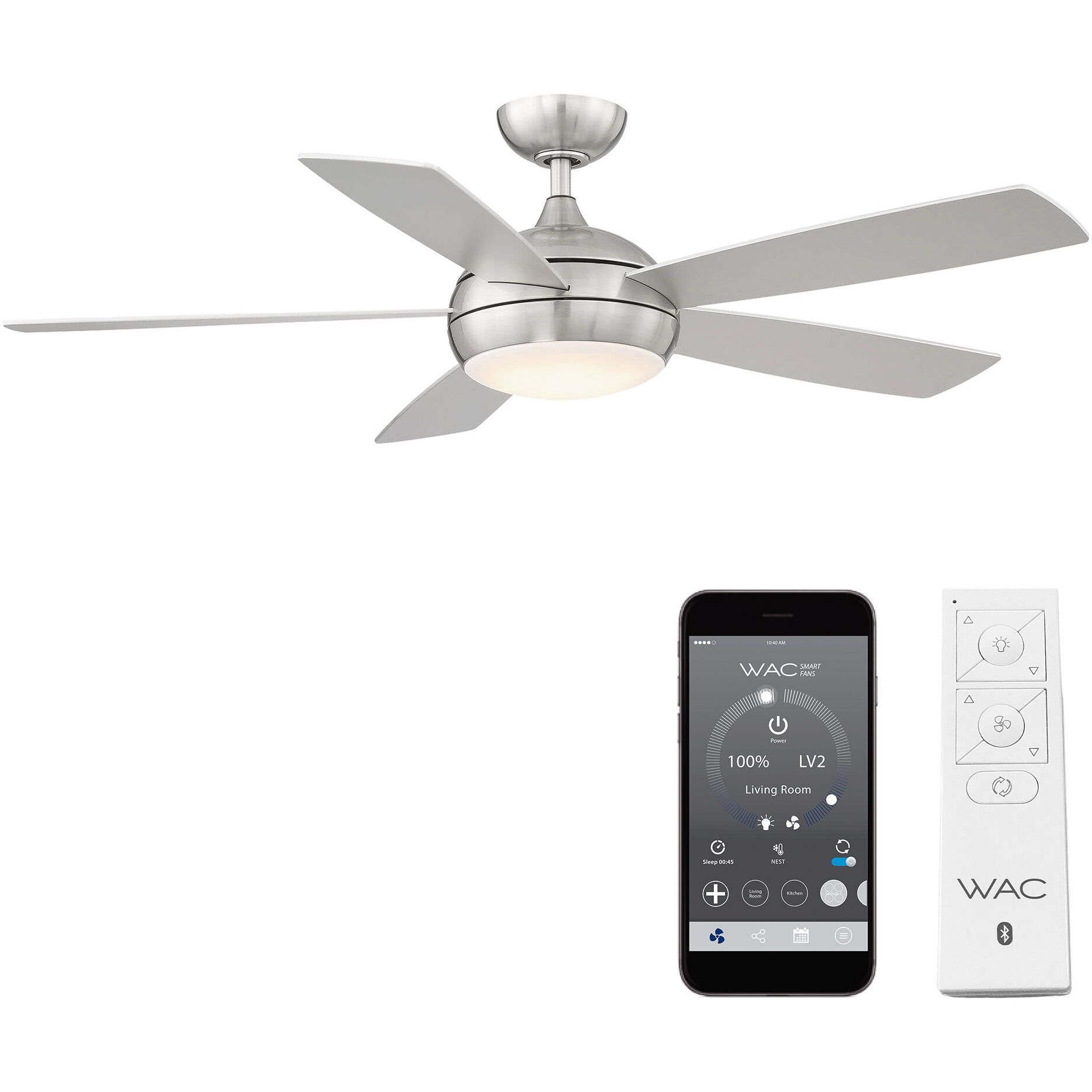 WAC Lighting F 005L BN Odyssey 52 inch Brushed Nickel Downrod Ceiling Fans Smart Fan