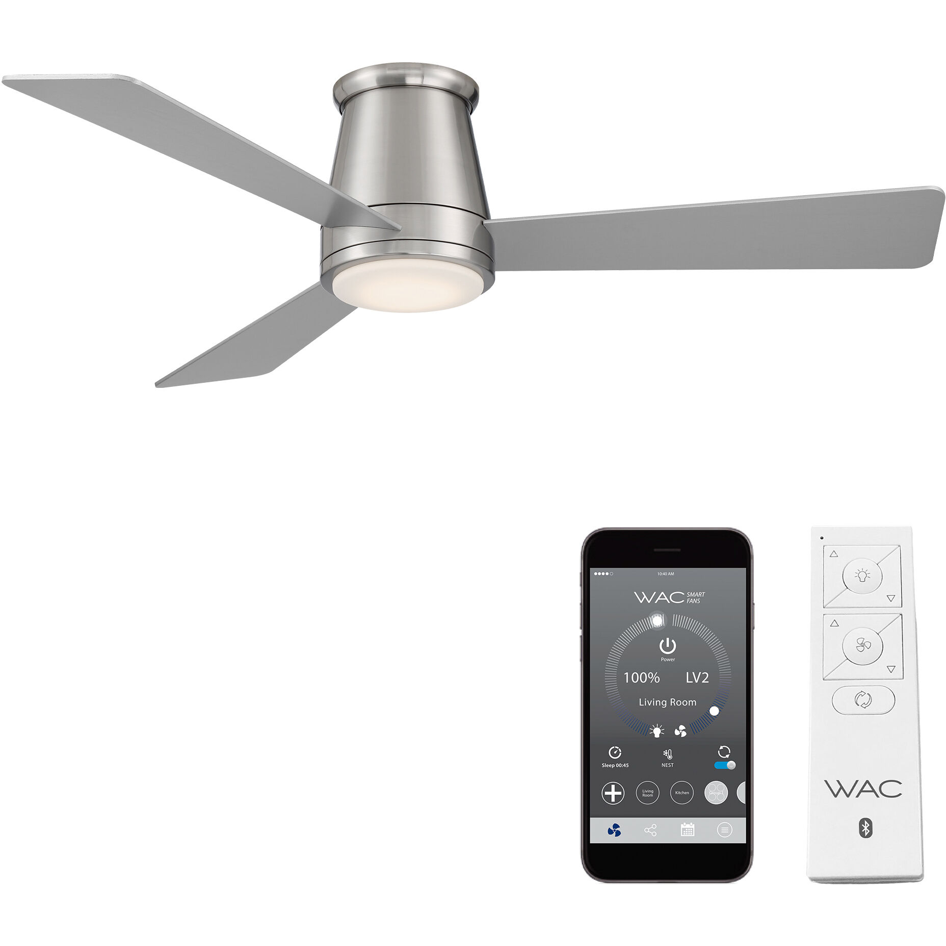 Hug 52 inch Brushed Nickel Flush Mount Ceiling Fans, Smart Fan