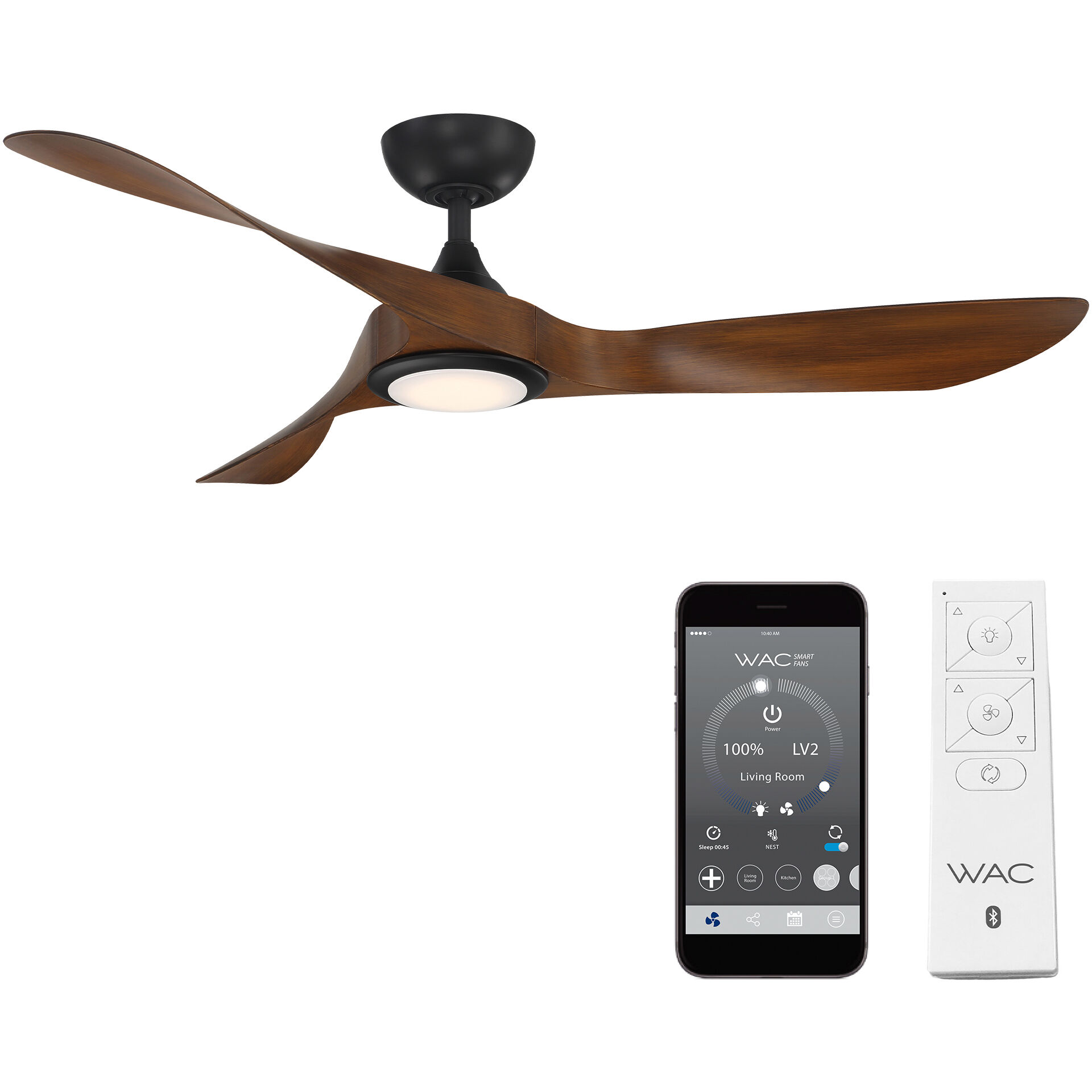Swirl 54 inch Matte Black Distressed Koa with Distressed Koa Blades Downrod Ceiling Fans, Smart Fan