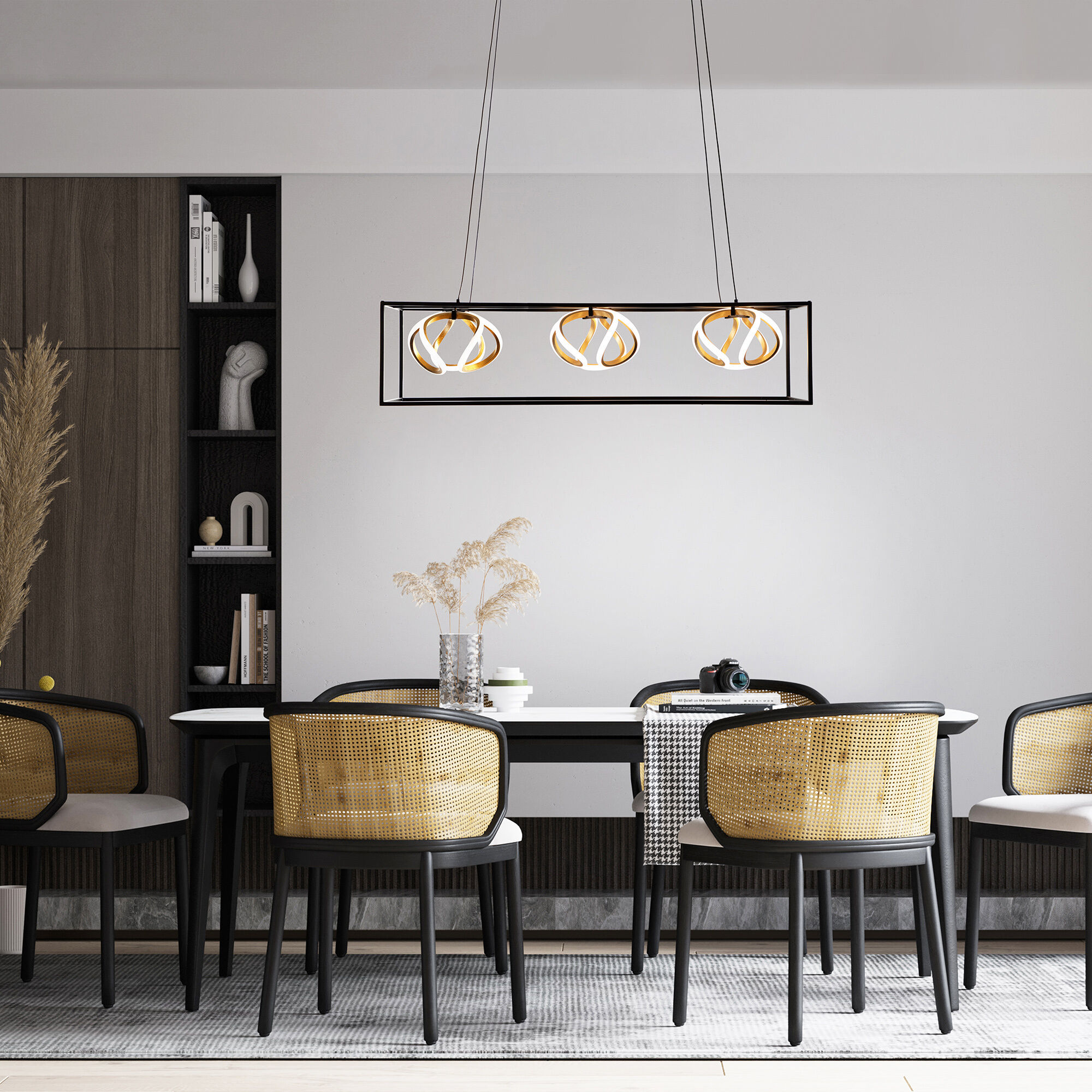 Sinclair 3 Light 42.25 inch Black Gold Leaf Linear Pendant Ceiling Light dweLED