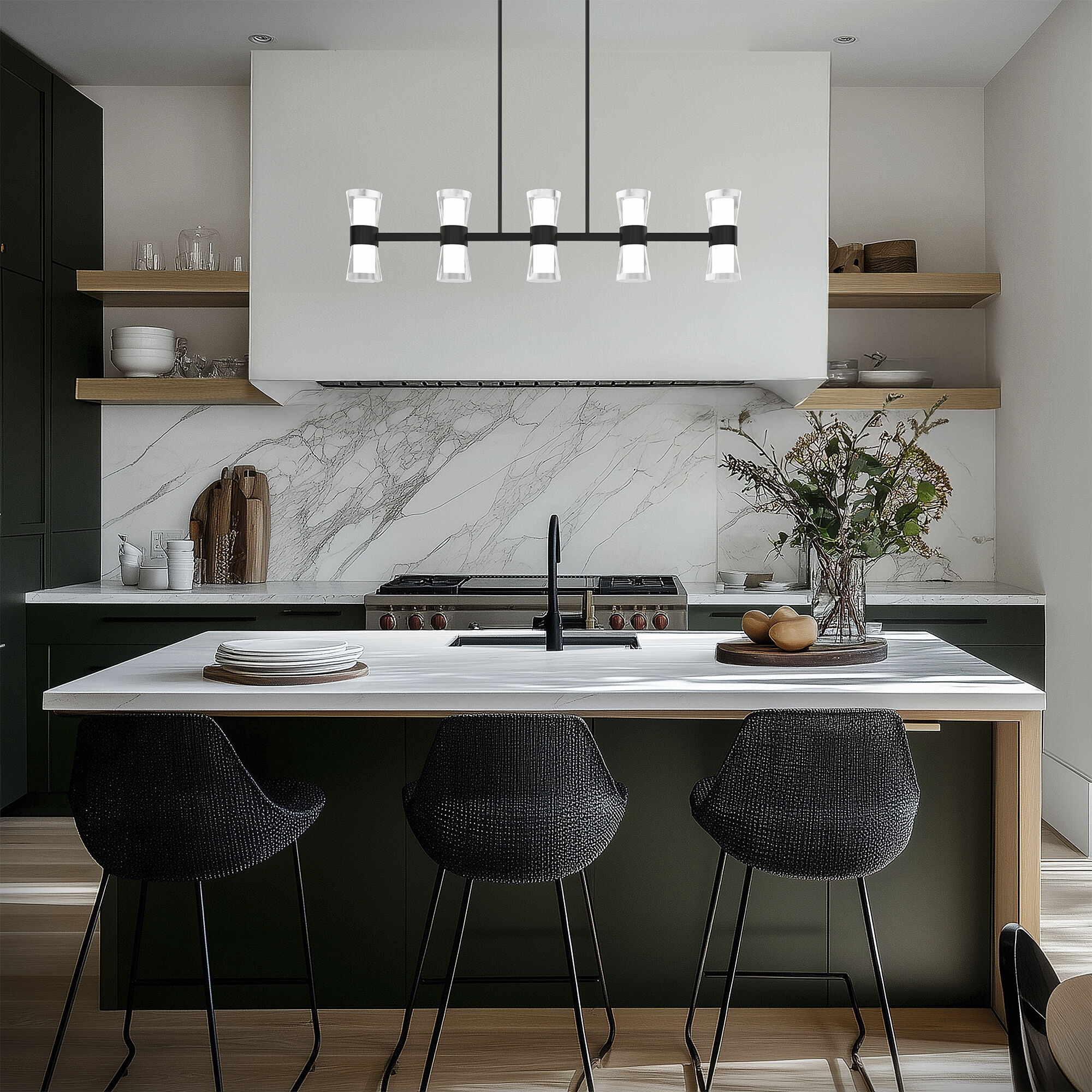 Hourglass Linear Pendant Ceiling Light in 3500K, Aged Brass, dweLED