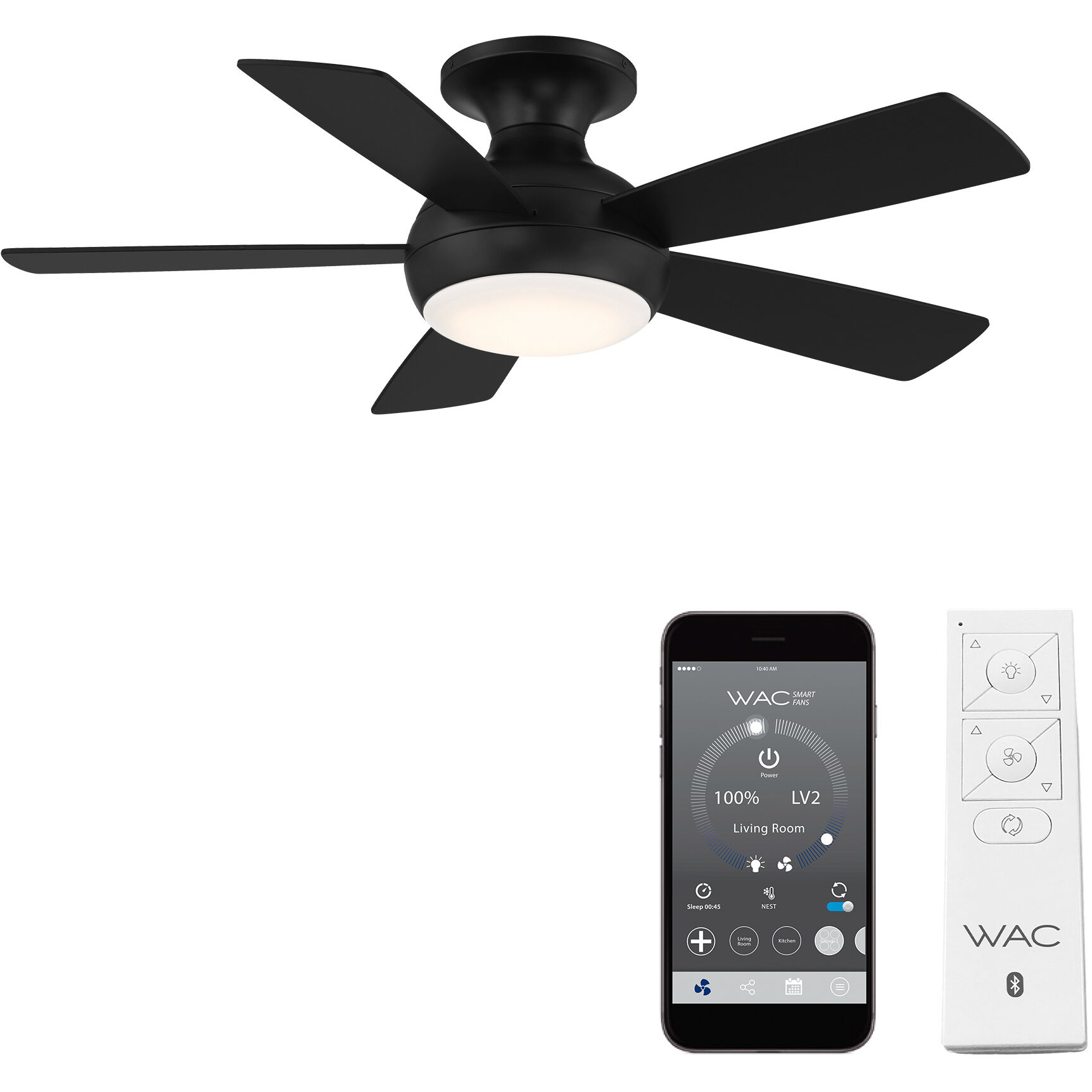 Odyssey 44 inch Matte Black Flush Mount Ceiling Fans, Smart Fan