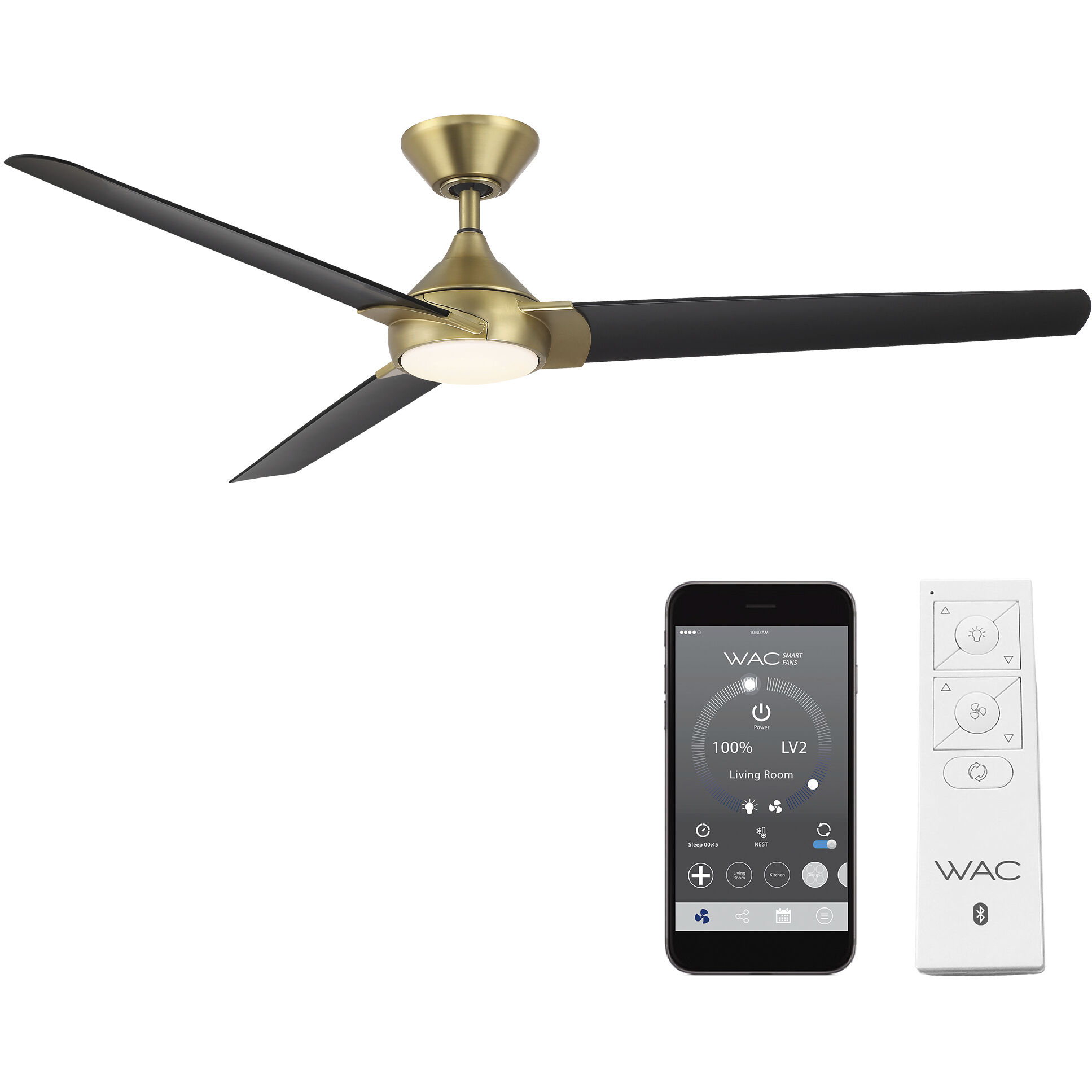 Zelda 60 inch Soft Brass Matte Black with Matte Black Blades Downrod Ceiling Fans, Smart Fan