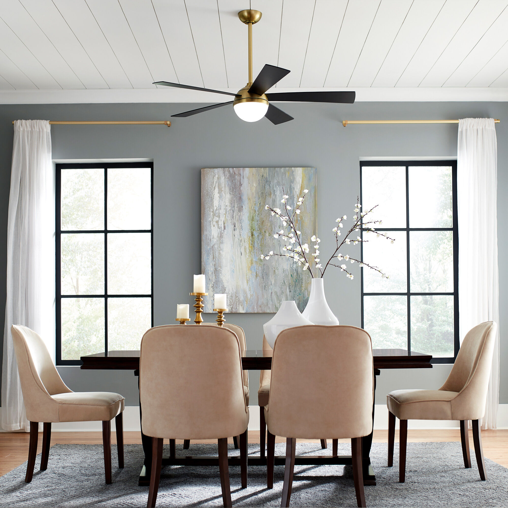 Eclipse 54 inch Soft Brass Matte Black with Matte Black Blades Downrod Ceiling Fans in Satin Brass Matte Black, Smart Fan