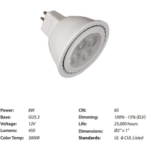 MR16 Lamp LED LED GY5.3 8 watt 12 3000K Light Bulb in White