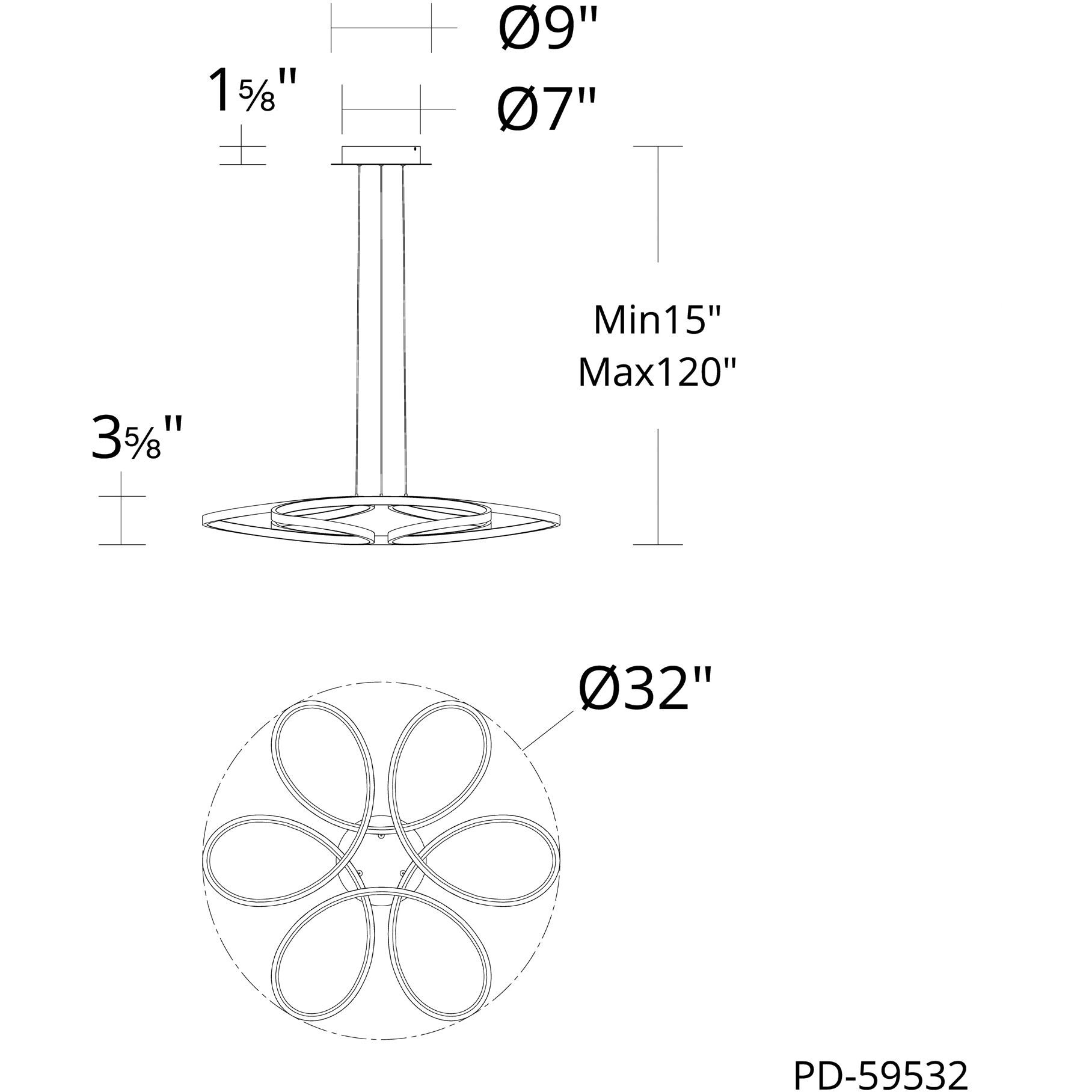 Klover LED 32 inch Black Pendant Ceiling Light in 3000K, dweLED