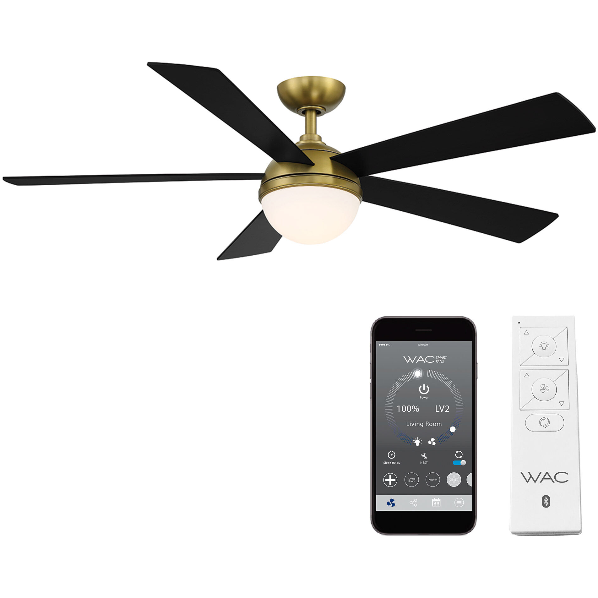 Eclipse 54 inch Soft Brass Matte Black with Matte Black Blades Downrod Ceiling Fans in Satin Brass Matte Black, Smart Fan