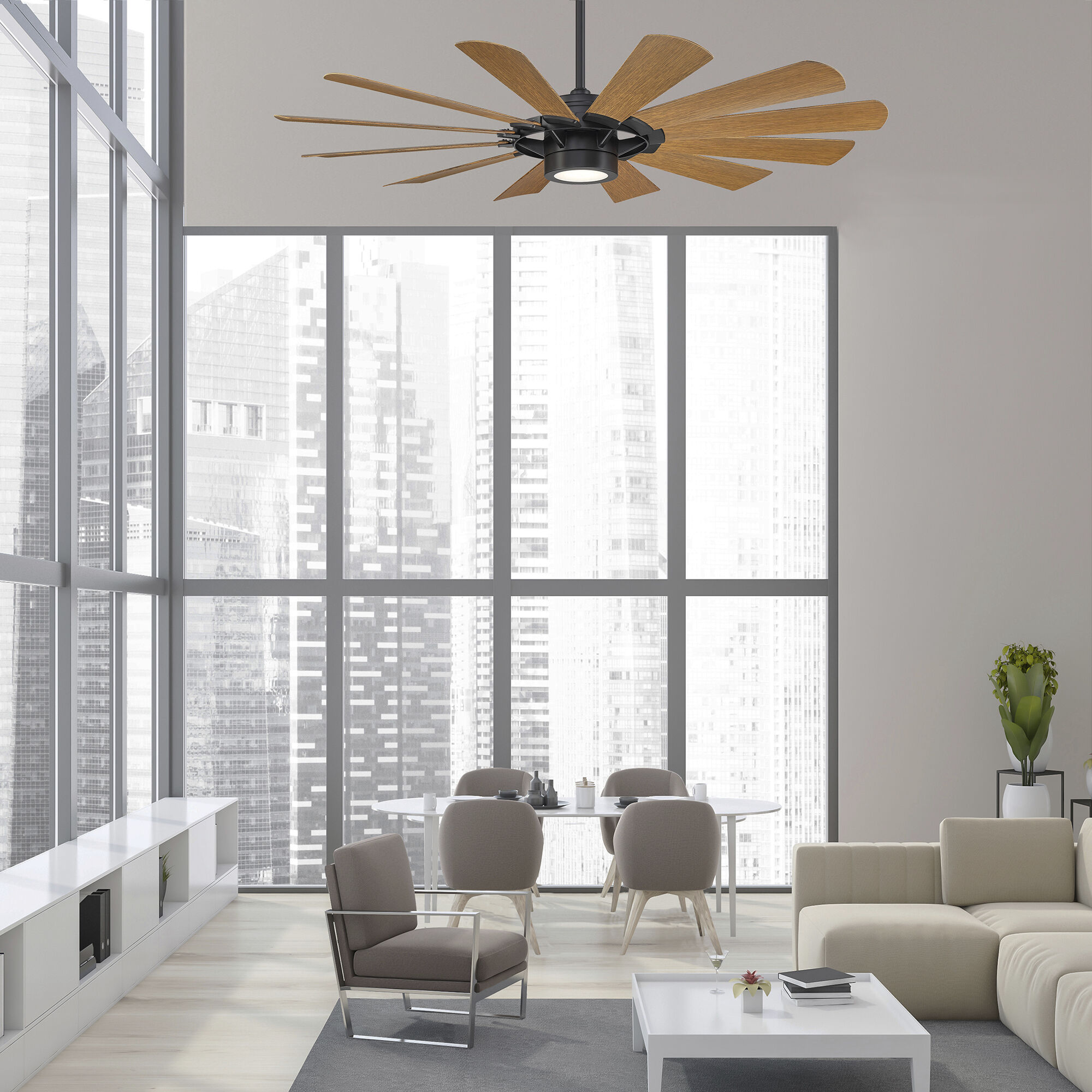Windmill 65 inch Matte Black Distressed Koa with Distressed Koa Blades Downrod Ceiling Fans, Smart Fan