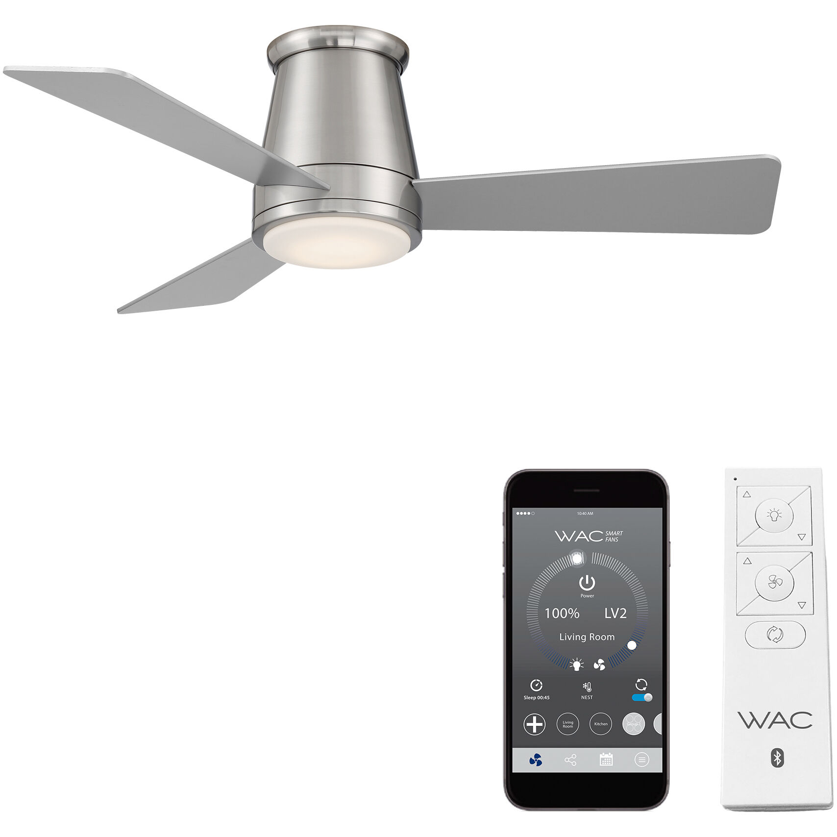 Hug 44 inch Brushed Nickel Flush Mount Ceiling Fans, Smart Fan