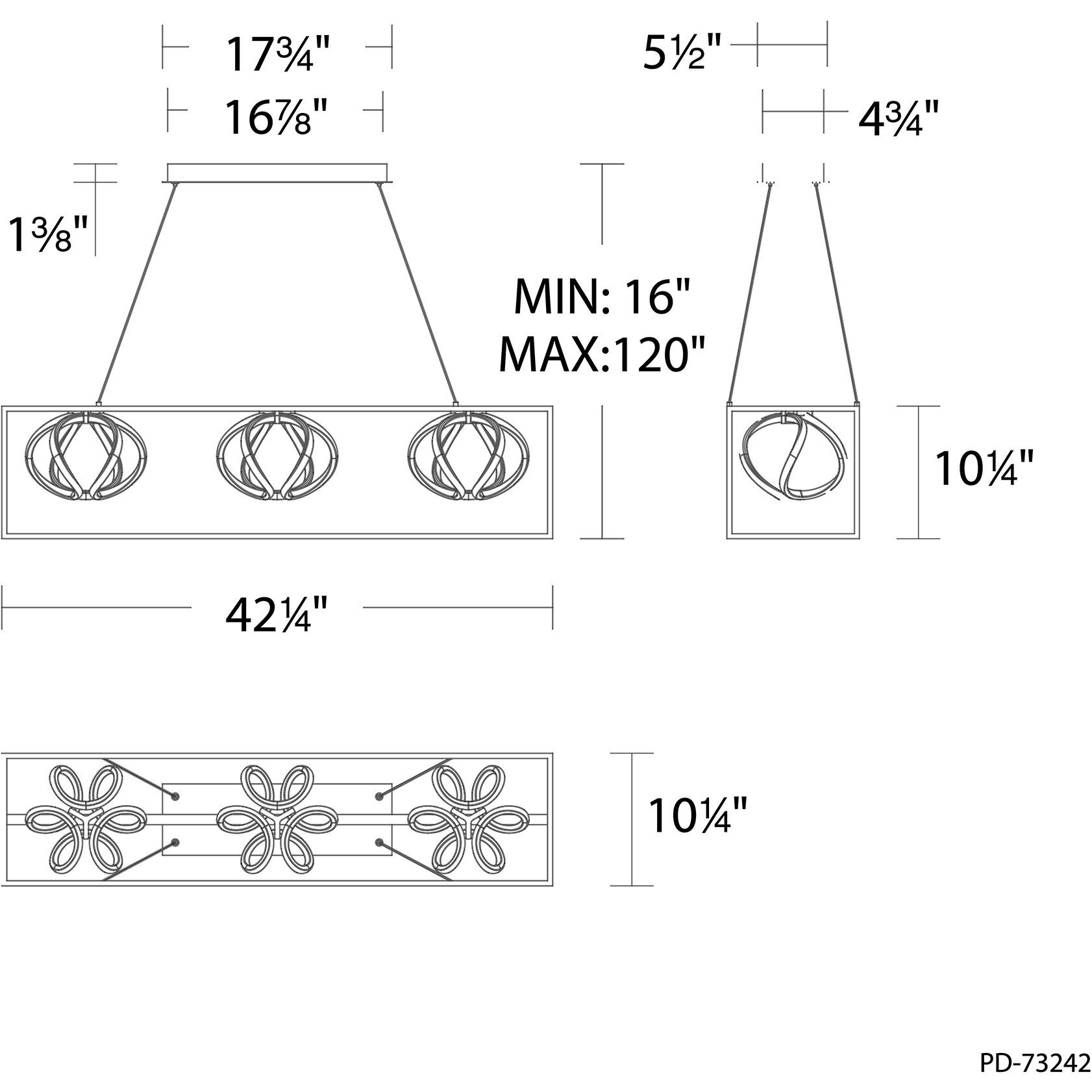 WAC Lighting PD-73242-BK/GL Sinclair 3 Light 42 inch Black/Gold Leaf Linear  Pendant Ceiling Light, dweLED