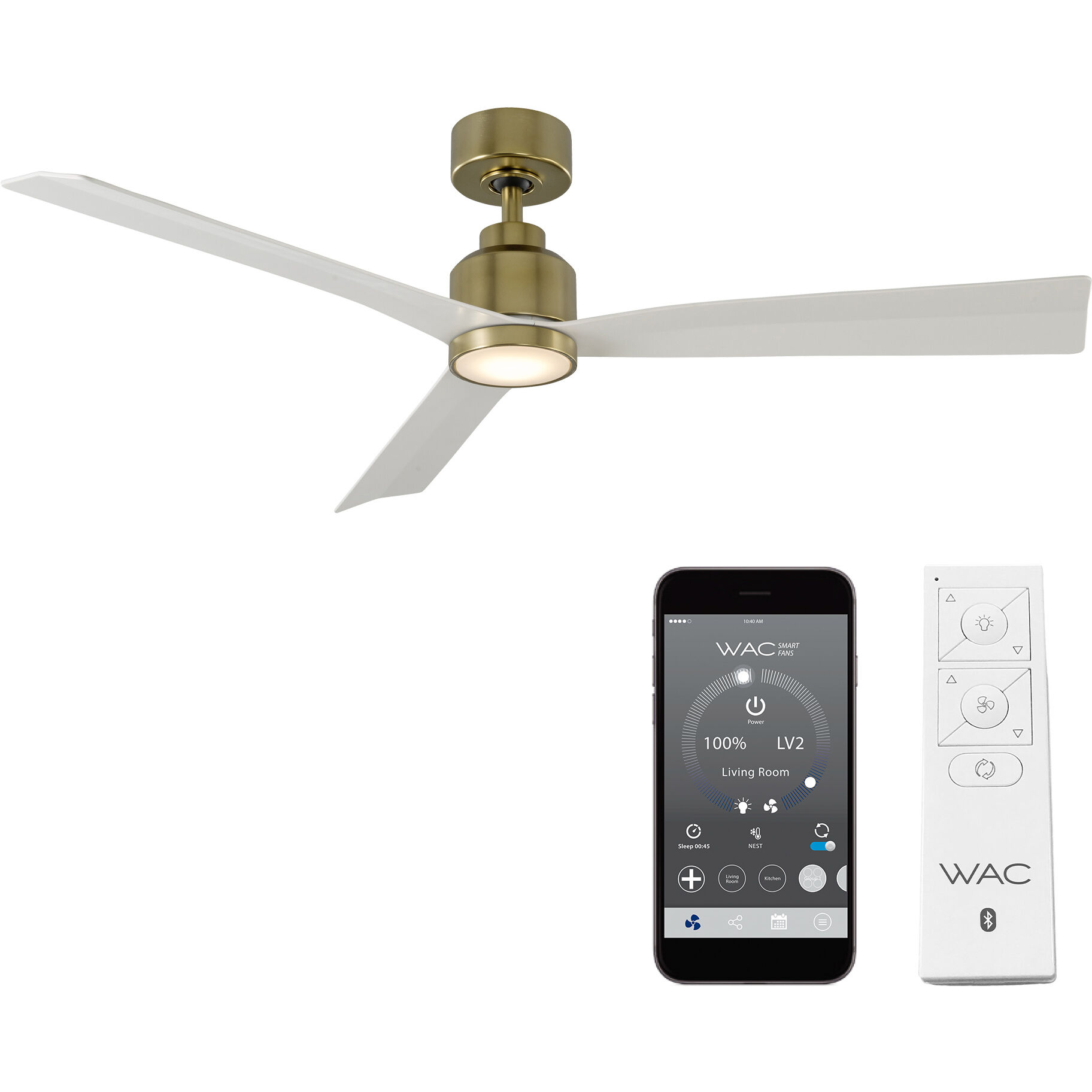 Clean 52 inch Soft Brass Matte White with Matte White Blades Downrod Ceiling Fans, Smart Fan