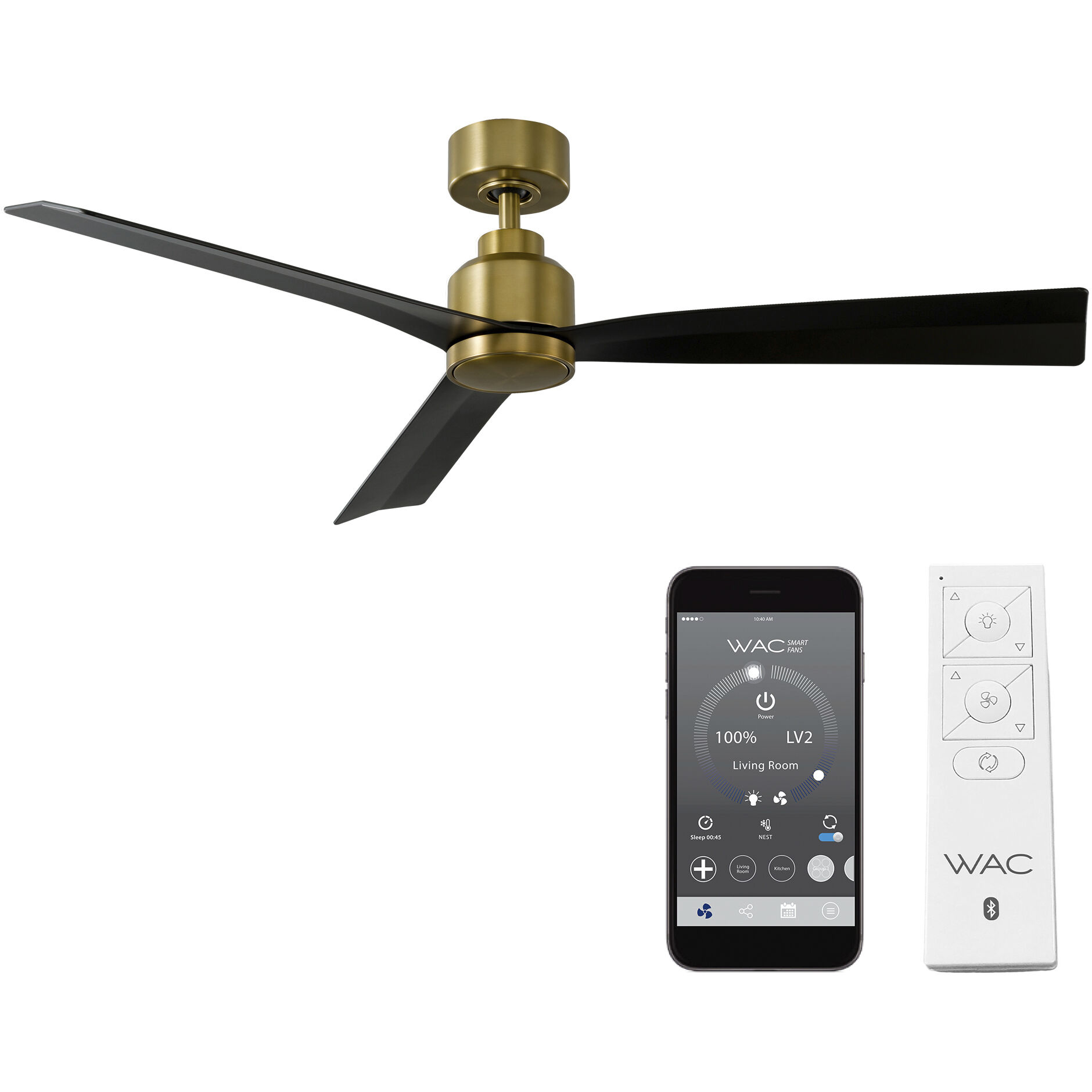 Clean 52 inch Soft Brass Matte Black with Matte Black Blades Downrod Ceiling Fans, Smart Fan