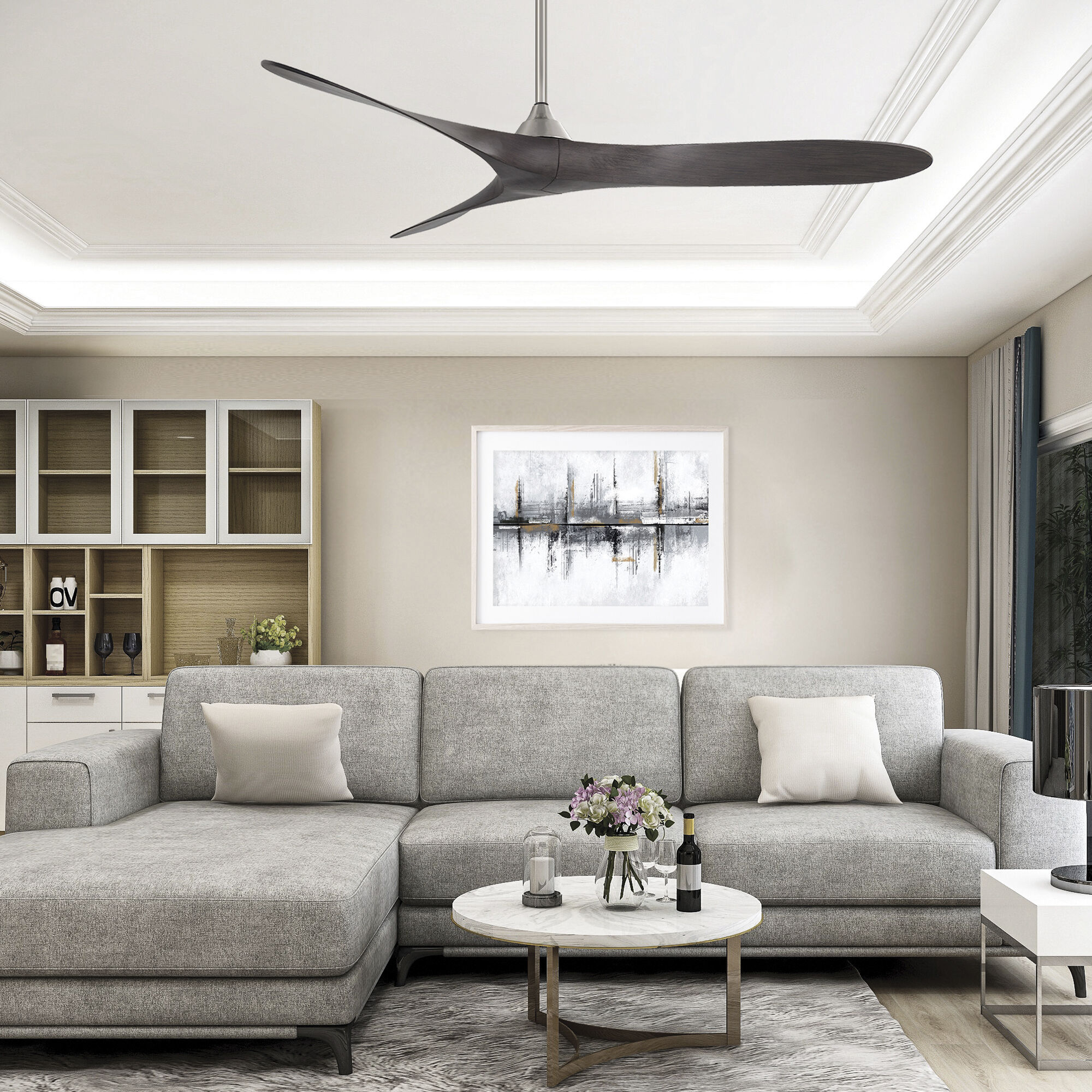 Malibu 70 inch Brushed Nickel Ebony with Ebony Blades Downrod Ceiling Fans in Brushed Nickel/Ebony, Smart Fan