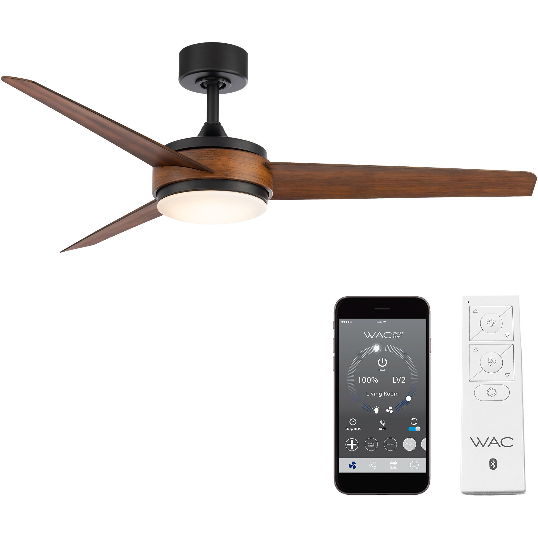 Mod 54 inch Matte Black Distressed Koa with Distressed Koa Blades Downrod Ceiling Fans, Smart Fan