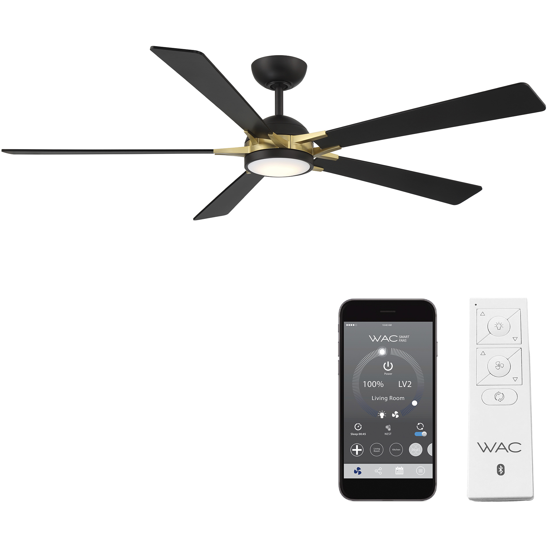 Rotary 65 inch Matte Black Soft Brass with Matte Black Blades Downrod Ceiling Fans in Soft Brass Matte Black