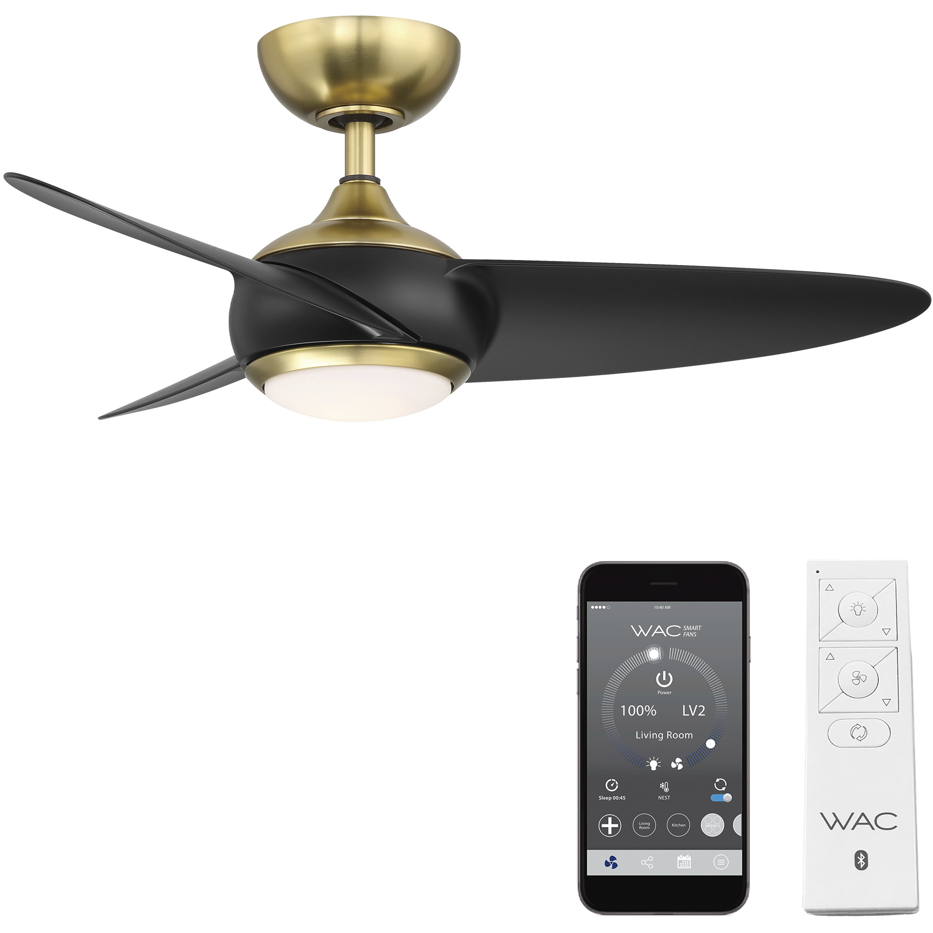 Loft 38 inch Soft Brass Matte Black with Matte Black Blades Downrod Ceiling Fans, Smart Fan